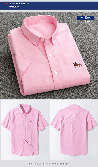 Summer 100% Cotton Oxford Men's Dress Shirts White Short Sleeve Embroidery Soft Comfortable Slim Fit Business Man Casual Shirts