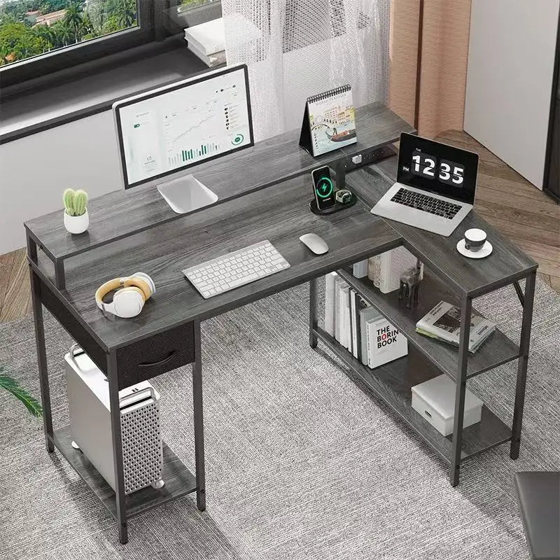 PAMRAY L-Shaped Corner Desk 109cm Reversible Shelves Bookshelf Wood Surface Metal PC Gaming Study Work Table for Bedroom Black