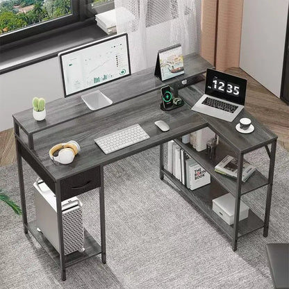 PAMRAY L-Shaped Corner Desk 109cm Reversible Shelves Bookshelf Wood Surface Metal PC Gaming Study Work Table for Bedroom Black
