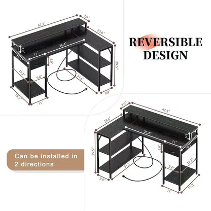 PAMRAY L-Shaped Corner Desk 109cm Reversible Shelves Bookshelf Wood Surface Metal PC Gaming Study Work Table for Bedroom Black