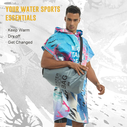 HOTMANGO Microfiber Poncho Towel Surf Beach Wetsuit Changing Towel Bath Robe with Hood,Watersports Activities,Adults Men Women