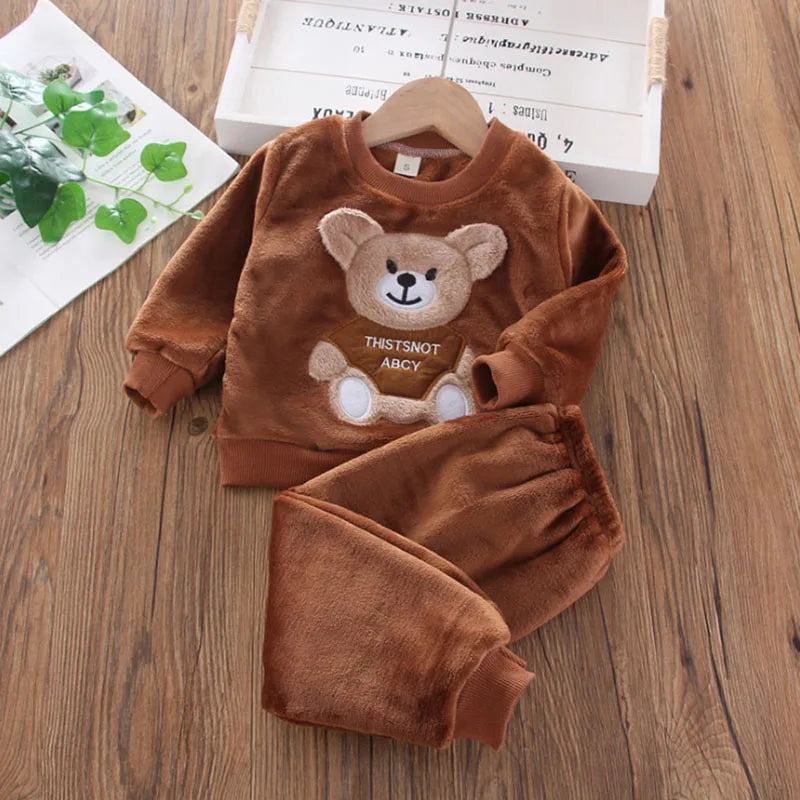 Baby & Barn Flanell Pyjamas Set – Tecknad Björn Fleece Mjuk Unisex Höst/Vinter Storlek 80–130 (1–6 år)