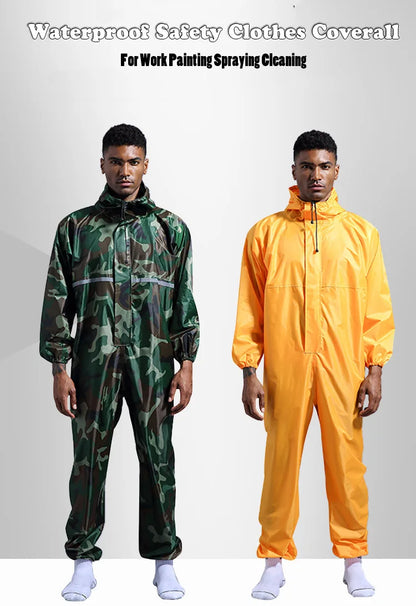 Waterproof One-Piece Overalls With Hood Oil-Resistant Work Safety Clothing Coverall For Sparying Painting Factory Clothes