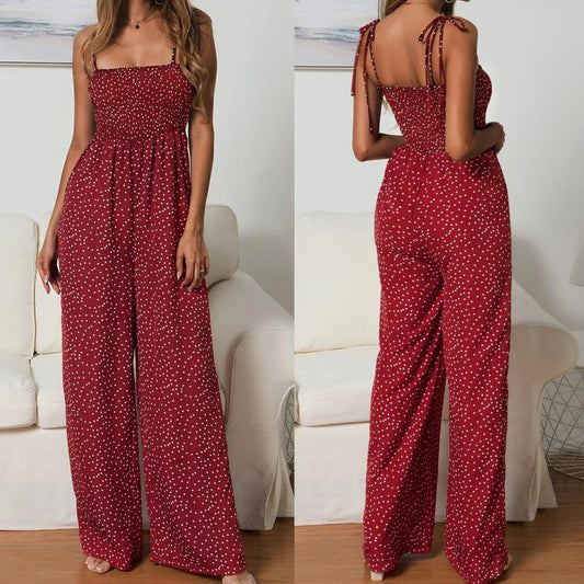 Damjumpsuit Ärmlös med Rosett – Rygglös, Vida Ben & Prickigt Sommarmönster