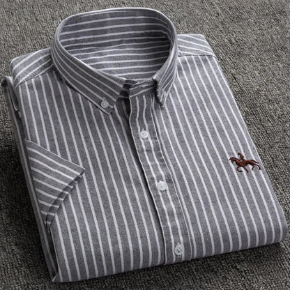 Summer 100% Cotton Oxford Men's Dress Shirts White Short Sleeve Embroidery Soft Comfortable Slim Fit Business Man Casual Shirts