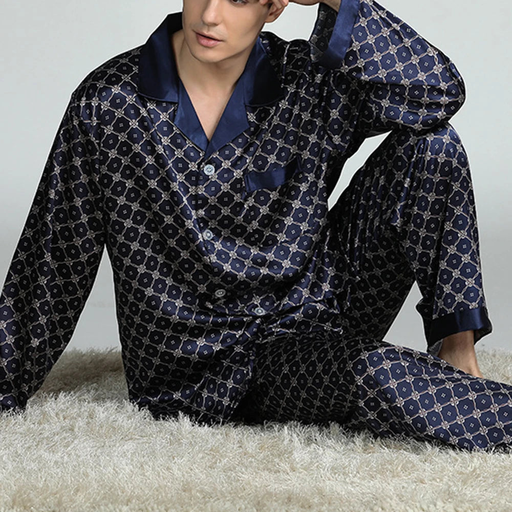 Pyjamasset herr med satinkänsla – långärmat med krage, G21090841, L–3XL