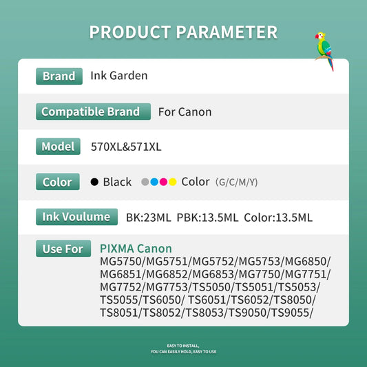 InkGarden 570 571 XL Bläckpatron 570XL för Canon PGI-570 CLI-571 Kompatibel PIXMA MG5700 TS5055 TS9050 TS9055 Skrivare