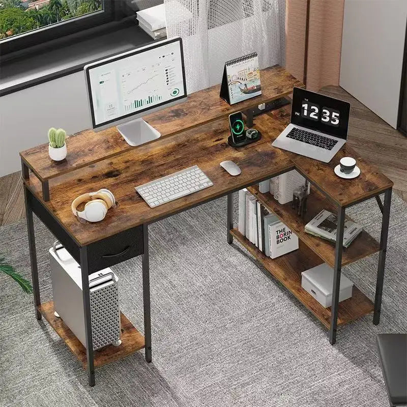 PAMRAY L-Shaped Corner Desk 109cm Reversible Shelves Bookshelf Wood Surface Metal PC Gaming Study Work Table for Bedroom Black