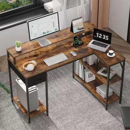 PAMRAY L-Shaped Corner Desk 109cm Reversible Shelves Bookshelf Wood Surface Metal PC Gaming Study Work Table for Bedroom Black
