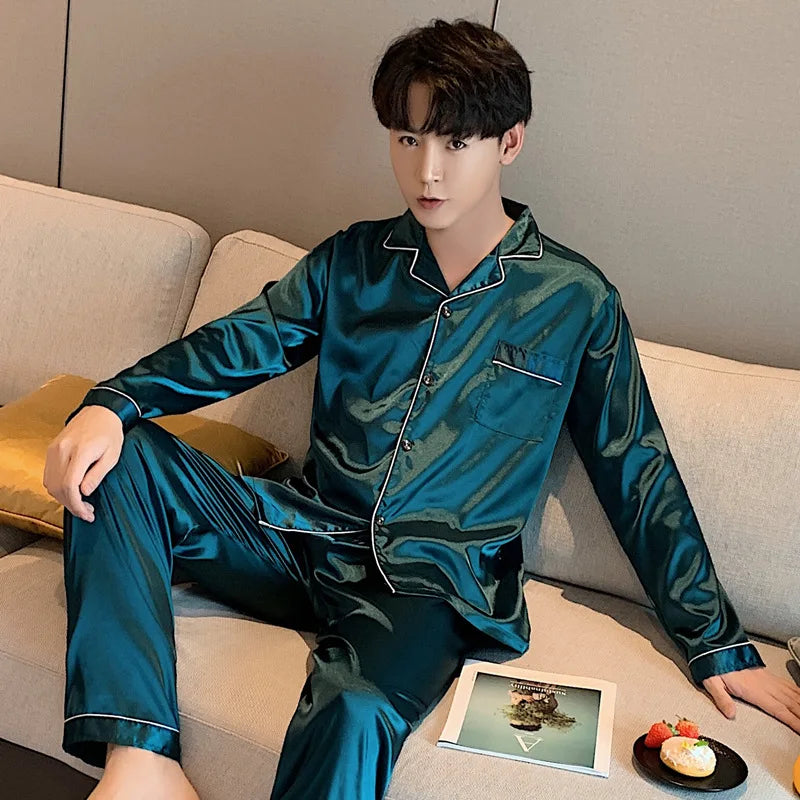 Song of Silk pyjamasset med satinkänsla – långärmad överdel och byxor, M–3XL