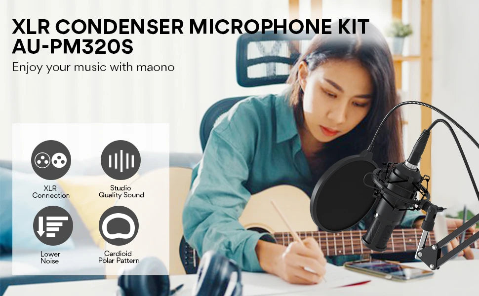 MAONO PM320S XLR Condenser Microphone Kit Professional Cardioid Vocal Studio Recording Mic for Streaming Voice Over Home-Studio