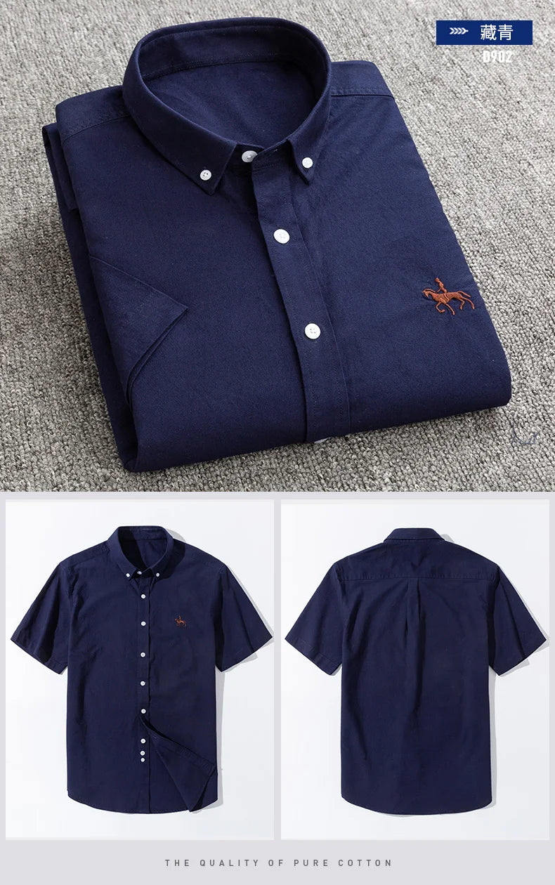 Summer 100% Cotton Oxford Men's Dress Shirts White Short Sleeve Embroidery Soft Comfortable Slim Fit Business Man Casual Shirts