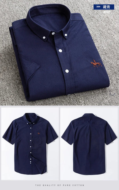 Summer 100% Cotton Oxford Men's Dress Shirts White Short Sleeve Embroidery Soft Comfortable Slim Fit Business Man Casual Shirts