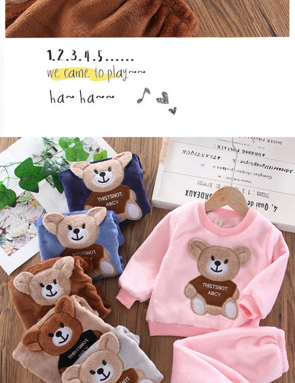 Baby & Barn Flanell Pyjamas Set – Tecknad Björn Fleece Mjuk Unisex Höst/Vinter Storlek 80–130 (1–6 år)