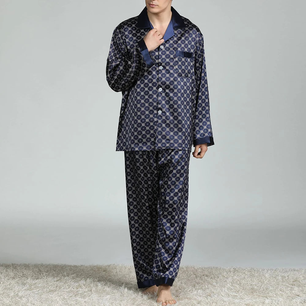 Pyjamasset herr med satinkänsla – långärmat med krage, G21090841, L–3XL