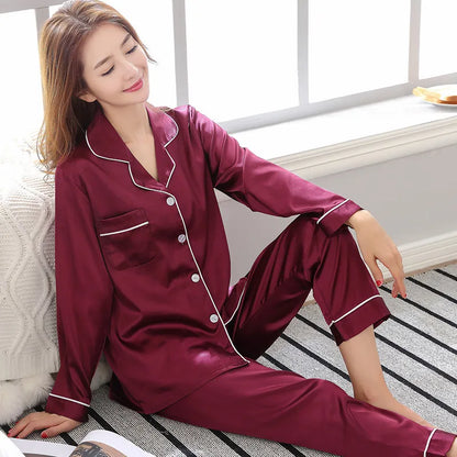 Song of Silk pyjamasset med satinkänsla – långärmad överdel och byxor, M–3XL