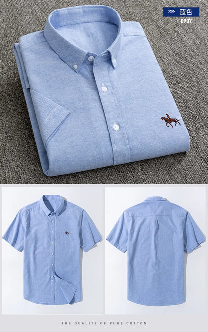 Summer 100% Cotton Oxford Men's Dress Shirts White Short Sleeve Embroidery Soft Comfortable Slim Fit Business Man Casual Shirts