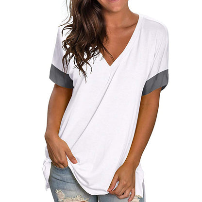 2024 Europe and the United States spring and summer cross-border new women's base shirt solid color V-neck short-sleeve stitchin