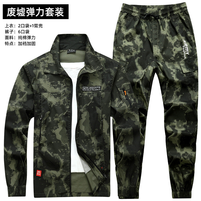 Summer Thin Labor Protection Work Clothes Set Anti-scald Pure Cotton Stretch Construction Site Electric Welding Auto Repair Camouflage Clothes Shirt