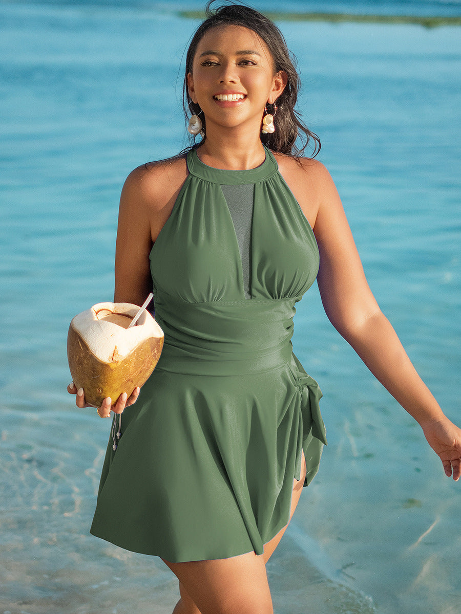 Dam Helbaddräkt med Kjol Plus Size – Enfärgad Ryggfri Nylon 5 Färger L–5XL Badkläder Dam GM25010 2026