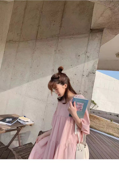 Mammaklänning Sommar Dam – Volang Prinsessskuren Midi Koreansk Stil Cartoon Trekvartsärm 3 Färger M–3XL 2026