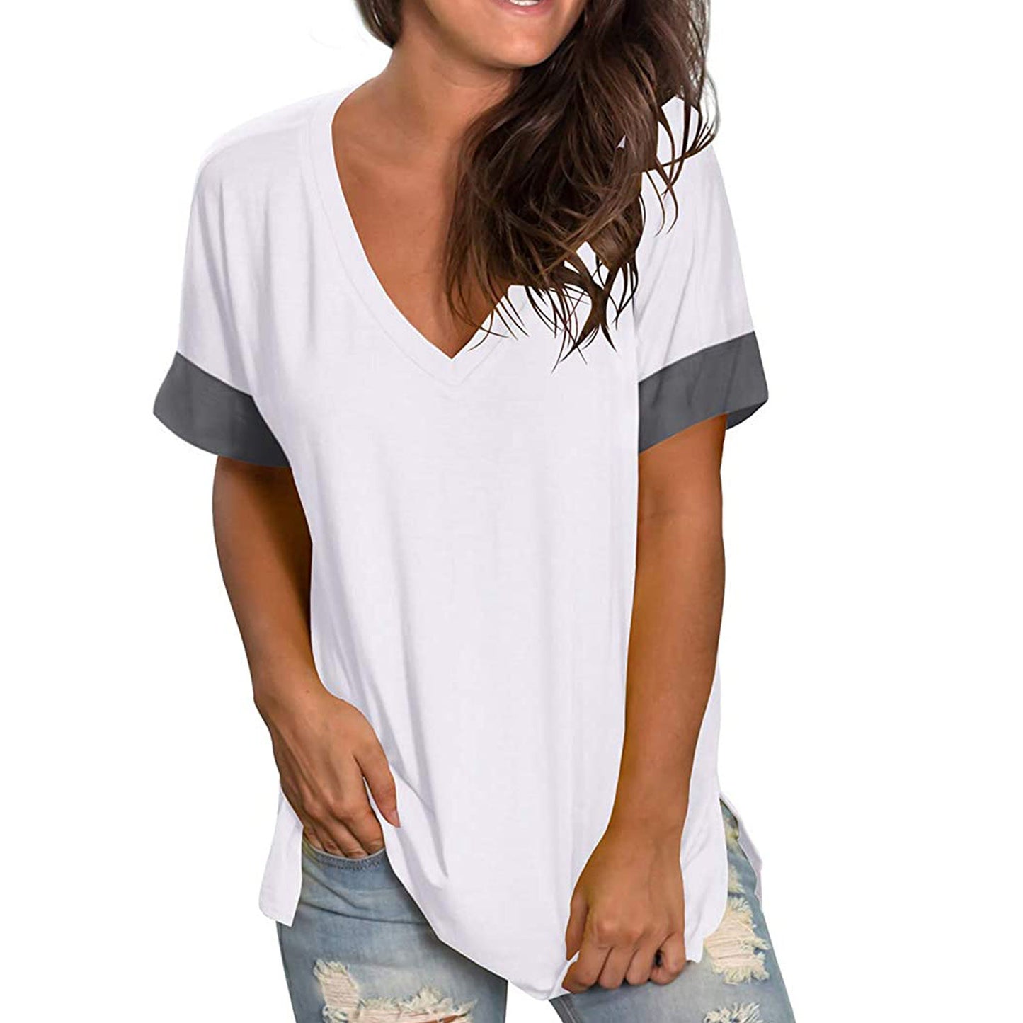 2024 Europe and the United States spring and summer cross-border new women's base shirt solid color V-neck short-sleeve stitchin