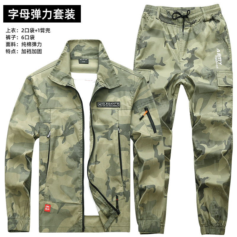 Summer Thin Labor Protection Work Clothes Set Anti-scald Pure Cotton Stretch Construction Site Electric Welding Auto Repair Camouflage Clothes Shirt
