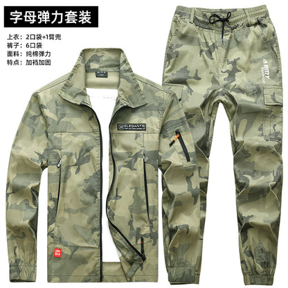 Summer Thin Labor Protection Work Clothes Set Anti-scald Pure Cotton Stretch Construction Site Electric Welding Auto Repair Camouflage Clothes Shirt