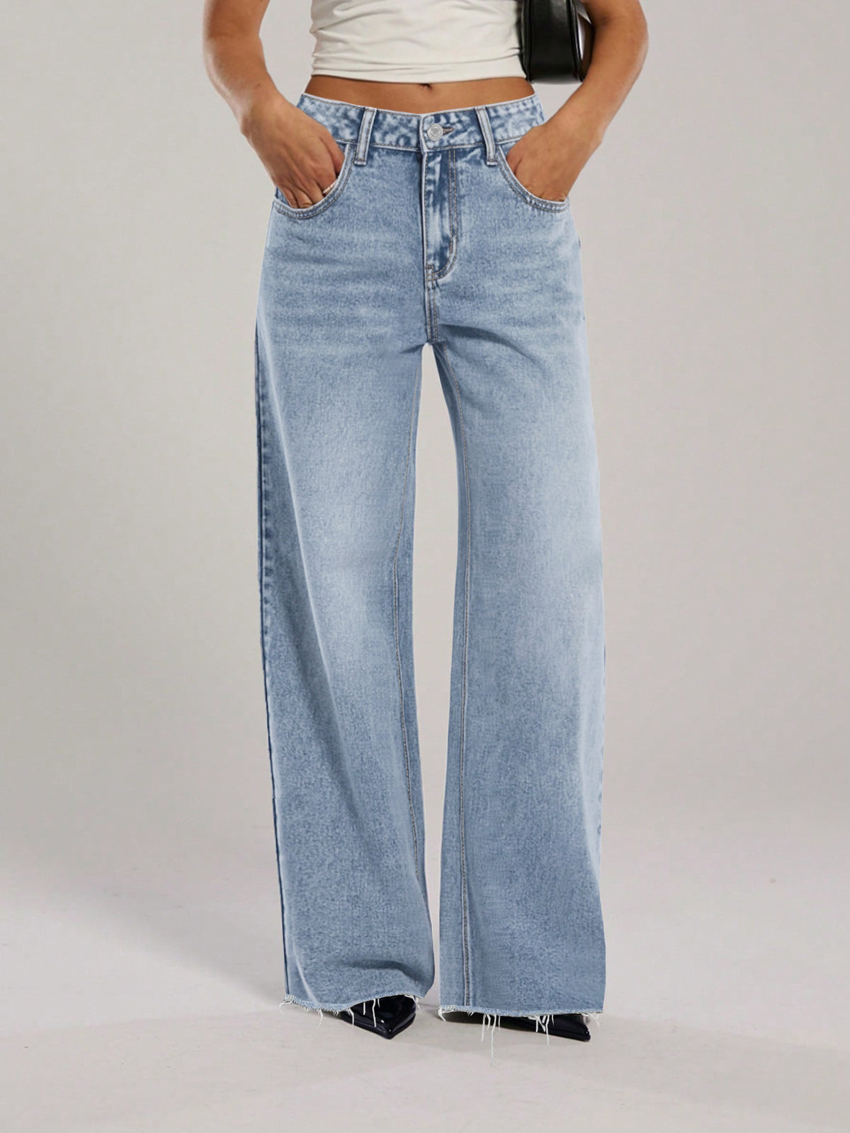 Damjeans Loose Straight Rosett-broderi Fickor Casual Blå för Dam 2026