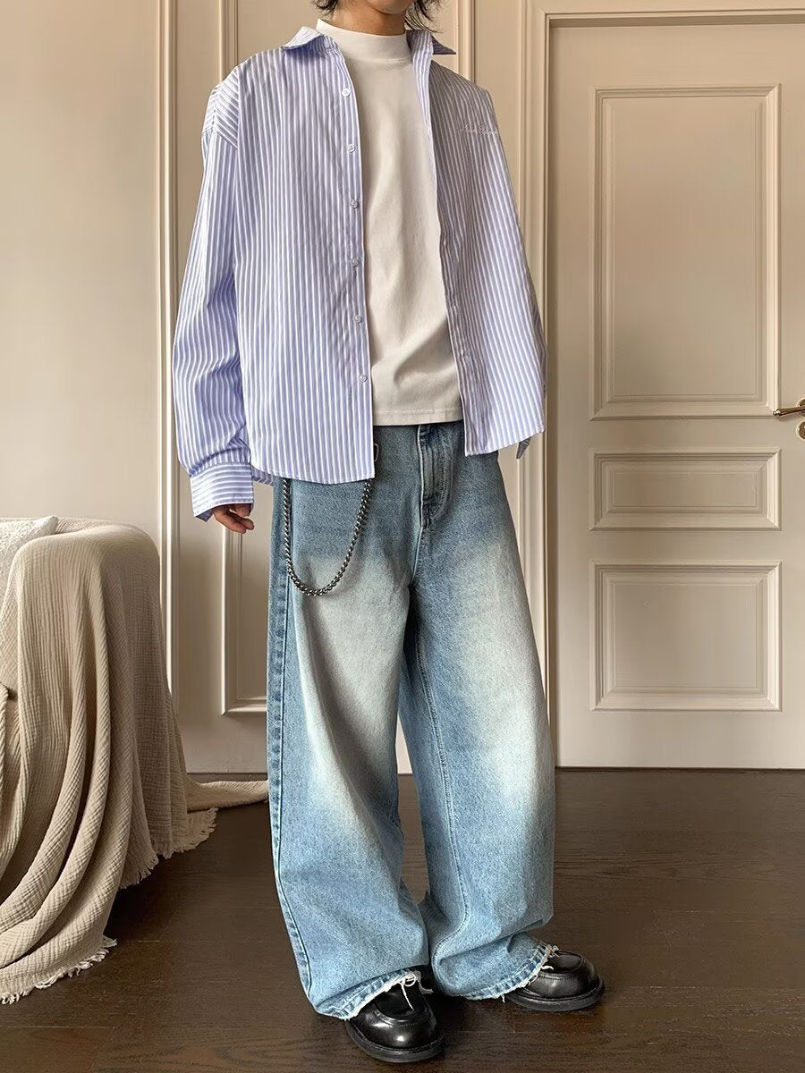 Herrjeans Loose Straight Wide Leg Streetwear Ljusblå för Herr 2026
