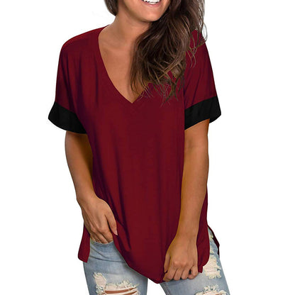 2024 Europe and the United States spring and summer cross-border new women's base shirt solid color V-neck short-sleeve stitchin