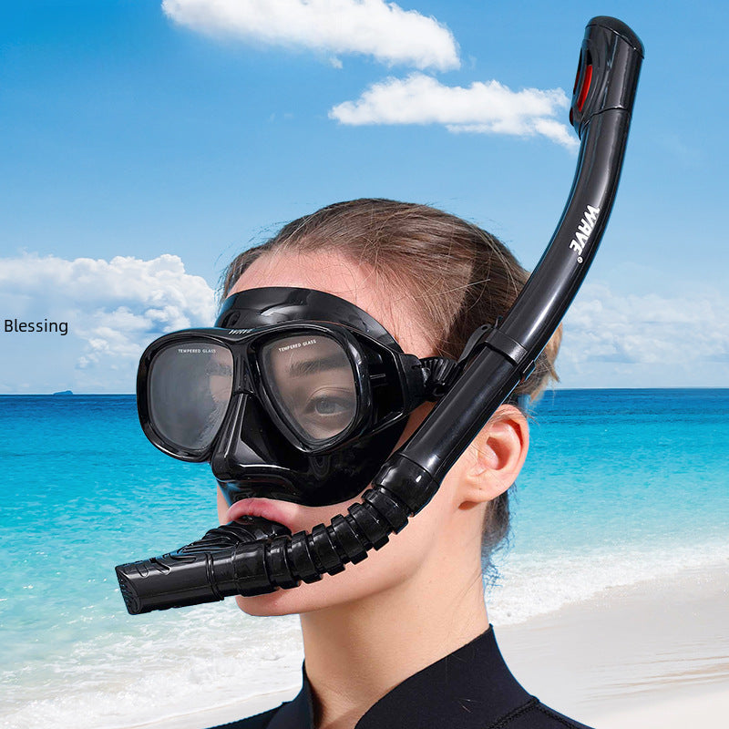 Wave Snorkelset med Styrkelinser – Härdat Glas Torr Andningstub Silikon Anti-Dimma 0–600° Dykglasogön