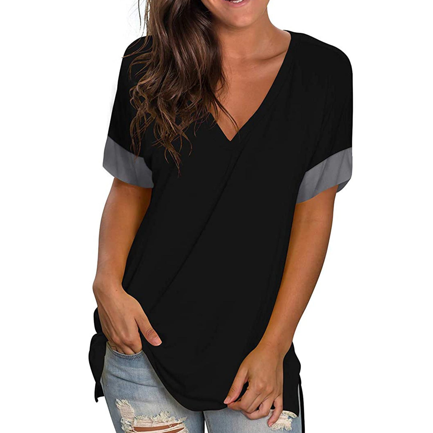 2024 Europe and the United States spring and summer cross-border new women's base shirt solid color V-neck short-sleeve stitchin