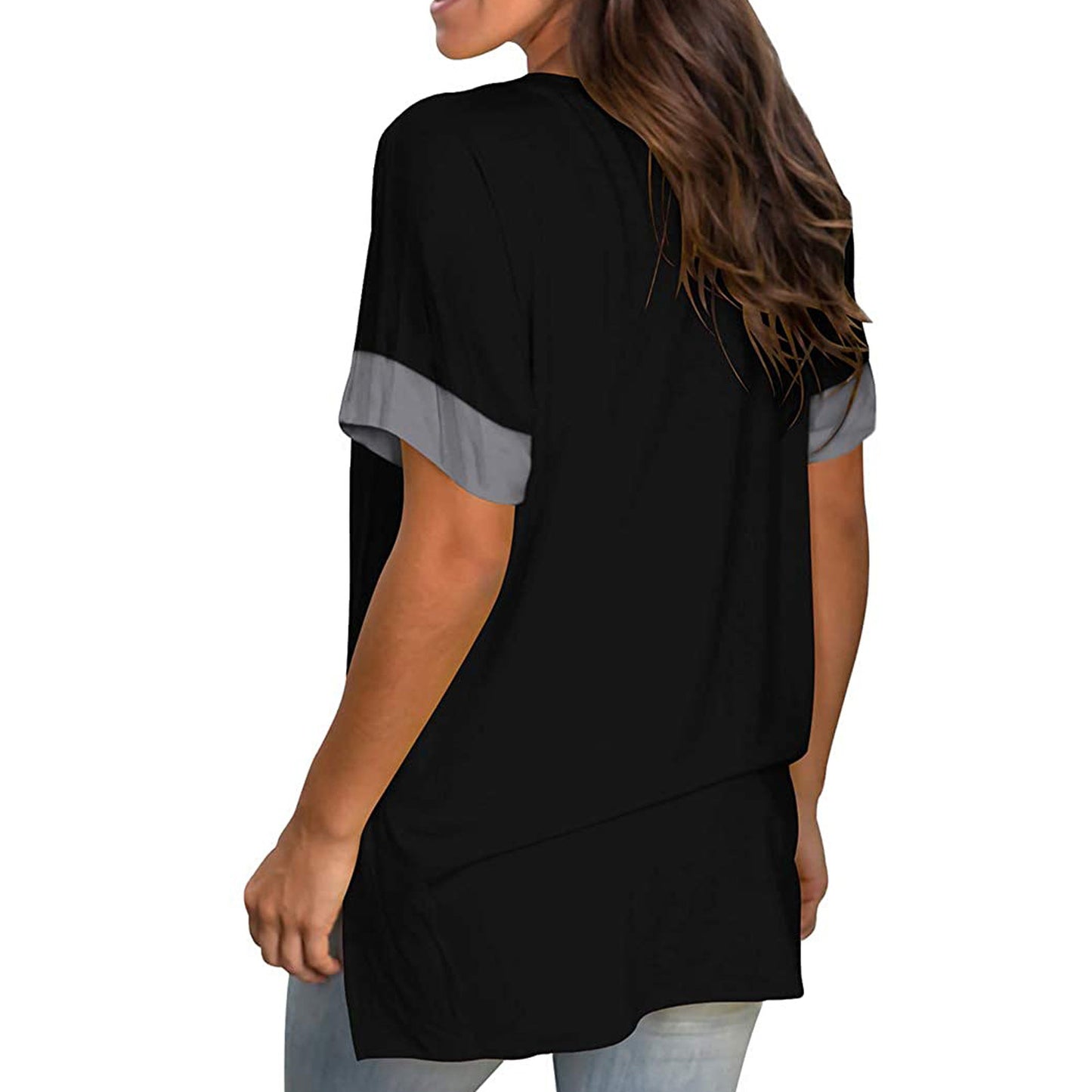 2024 Europe and the United States spring and summer cross-border new women's base shirt solid color V-neck short-sleeve stitchin