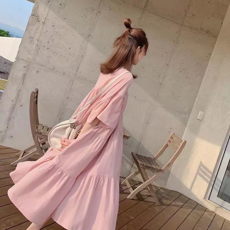Mammaklänning Sommar Dam – Volang Prinsessskuren Midi Koreansk Stil Cartoon Trekvartsärm 3 Färger M–3XL 2026