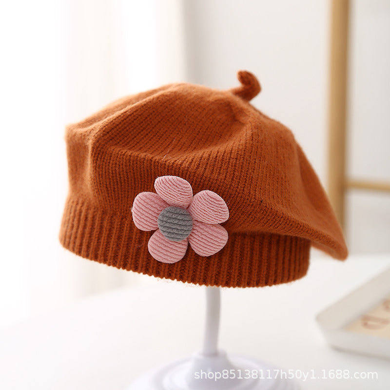 Babyberet med Blomdekor – Lammull Stickad Prinsessstil 17 Färger Unisex 3–48 Mån Höst Vinter 2026
