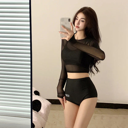 Dam Tre-delat Badset Långärm – Slimmande Bukdöljande Koreansk Fairy-stil Svart S–XL Badkläder Dam 9035 2026