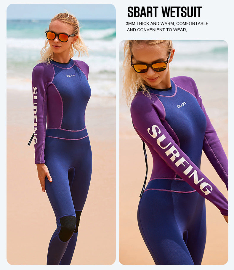 Womens 3mm Neoprene Long Sleeves Wetsuit One-piece Diving Suit Back Zip for Scuba Diving Snorkeling Surfing Swim Spearfishing