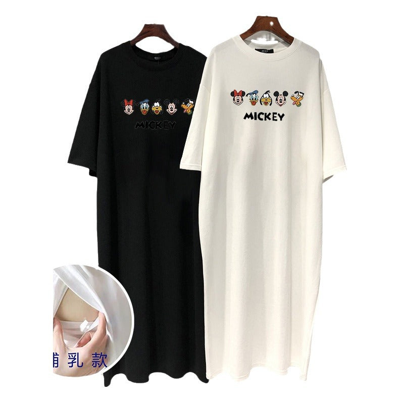 Ammningsklänning Dam – Sidöppning Lång Cartoon Tryck Trekvartsärm Gravid & Amning Vit Grå Svart M–3XL 2026
