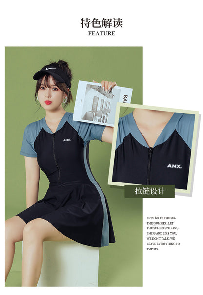 Dam Helbaddräkt Kortärm Kjol – Konservativ Magdöljande Slimmande Polyester Grön S–XXXL Badkläder Dam 8167 2026