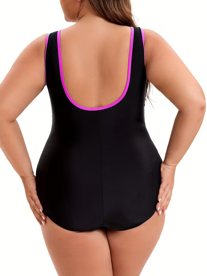 Dam Helbaddräkt Plus Size – Färgblockering Ränder Framglidlås Magdöljande Slimmande Nylon XL–5XL Badkläder Dam 2026