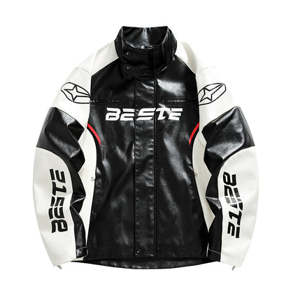 Herrjacka PU-Läder Motorcykel Racing American Style Loose Fit Vit Svart för Herr 2026