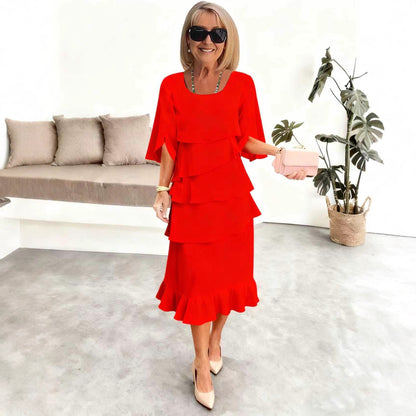 2025 New Amazon Foreign Trade Spring and Summer Fashion Cake Dress Women's Elegant Loose Slimming Round Neck Dress Women