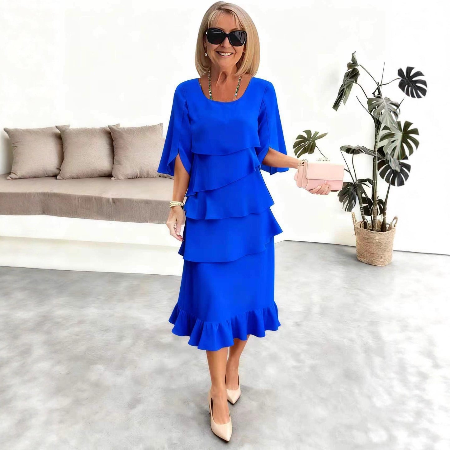 2025 New Amazon Foreign Trade Spring and Summer Fashion Cake Dress Women's Elegant Loose Slimming Round Neck Dress Women