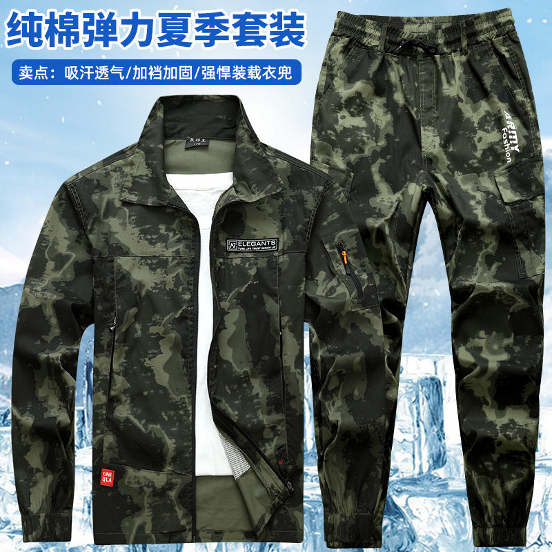 Summer Thin Labor Protection Work Clothes Set Anti-scald Pure Cotton Stretch Construction Site Electric Welding Auto Repair Camouflage Clothes Shirt