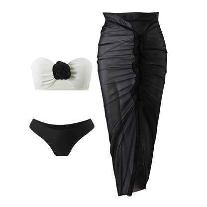 2025 European and American Color Matching Sexy New Rose Three-Piece Mesh Long Skirt Swimsuit Swimsuit Bikini Bikini