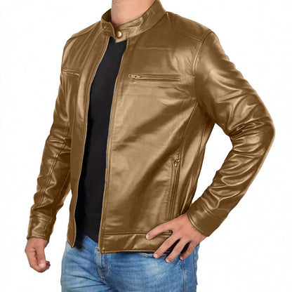 Herrjacka PU-Läder Retro Slim Fit Multi-Fickor Dragkedja Höst Vinter för Herr 2026