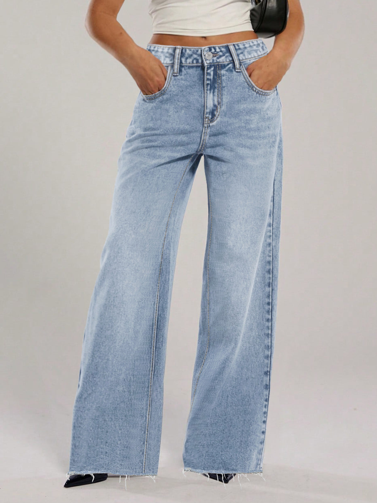 Damjeans Loose Straight Rosett-broderi Fickor Casual Blå för Dam 2026