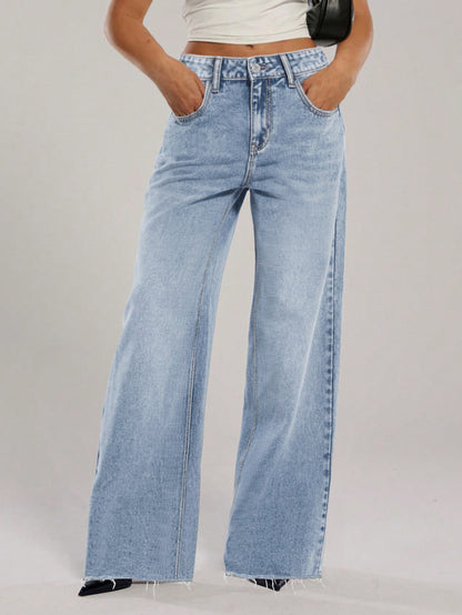 Damjeans Loose Straight Rosett-broderi Fickor Casual Blå för Dam 2026