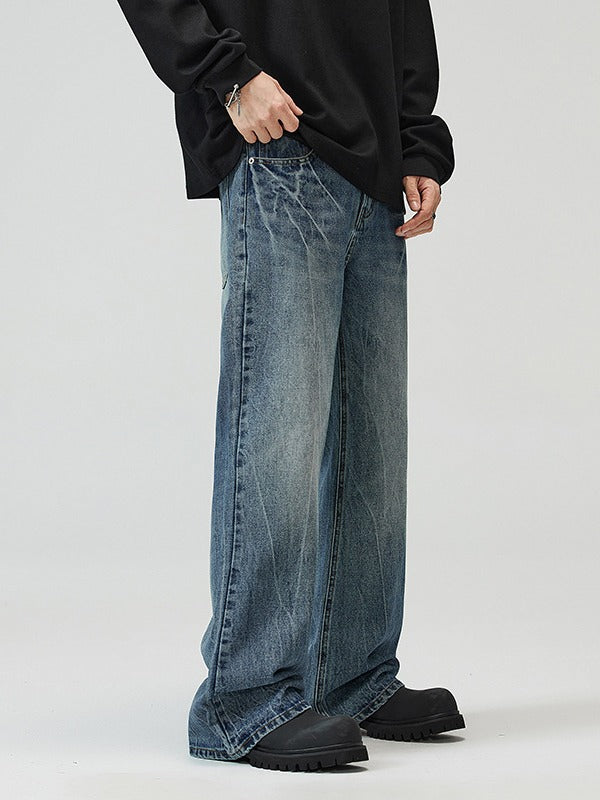 Herrjeans Micro-Flared Straight Leg Streetwear American Vibe Vintageblå Svart för Herr 2026